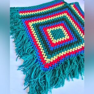 Vintage 70s Crochet Poncho Red Teal Fringe Boho OS